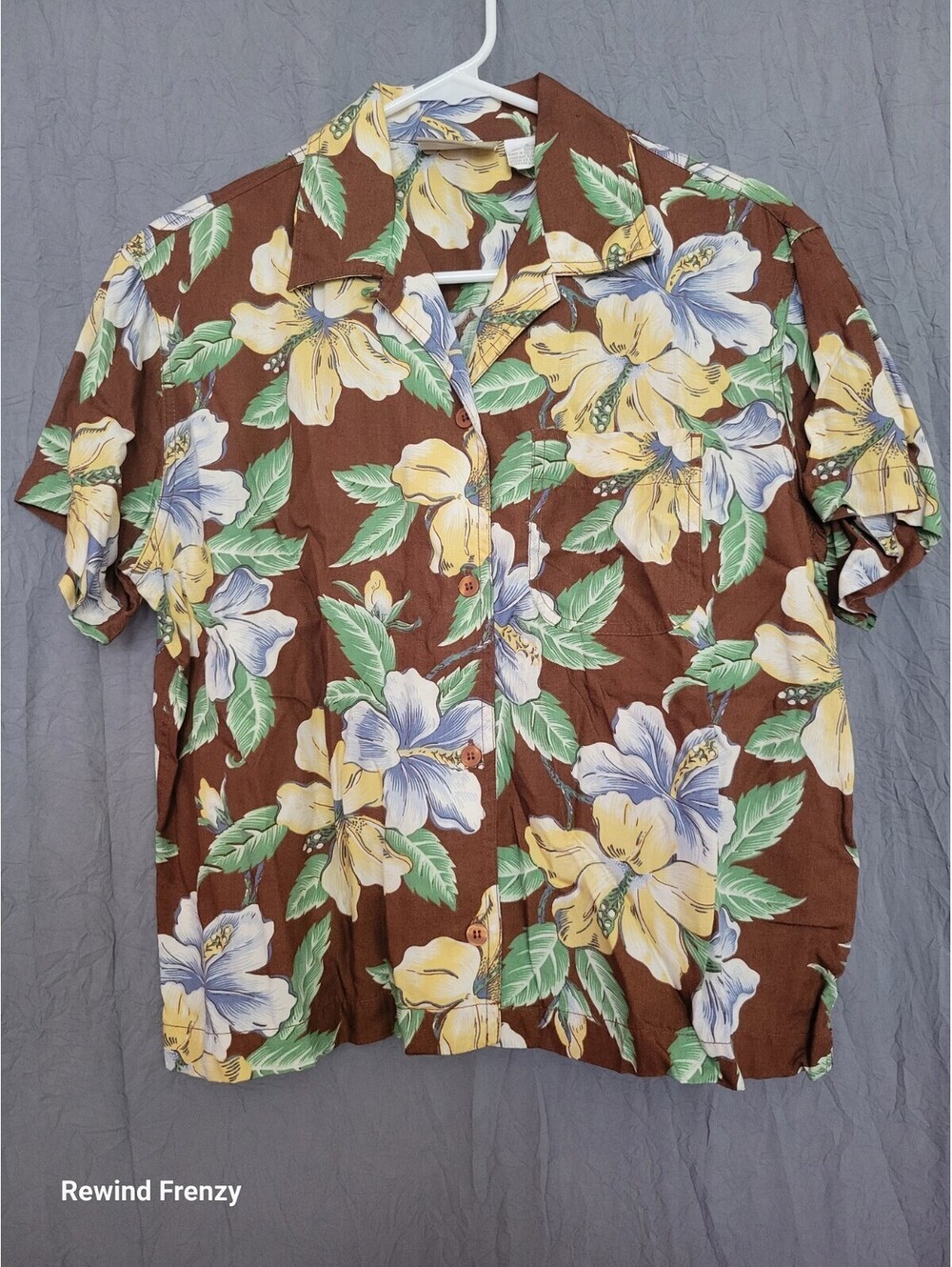 Liz Claiborne Brown Floral Tropical Womans Small Shirt Boho Retro Casual Golf